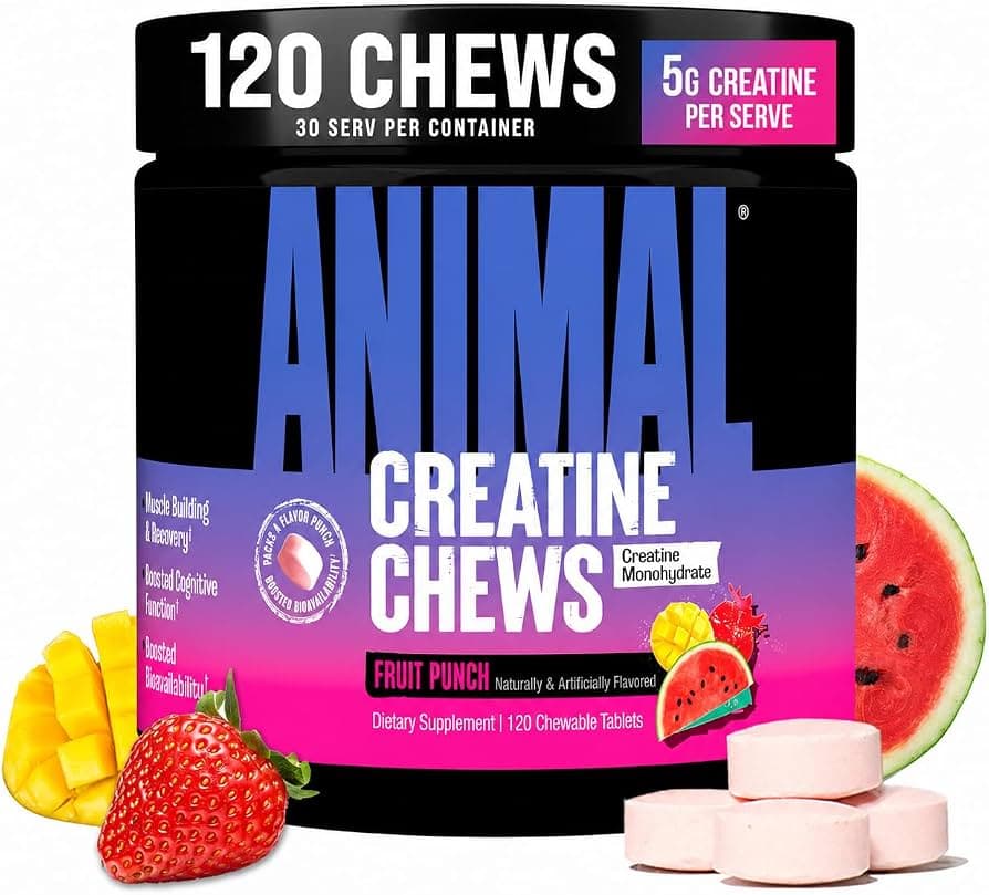 Animal Creatine Chews Tablets - Enhanced Creatine Monohydrate with AstraGin to Improve Absorption, Sea Salt for Added Pumps, Delicious and Convenient Chewable Tablets - Fruit Punch