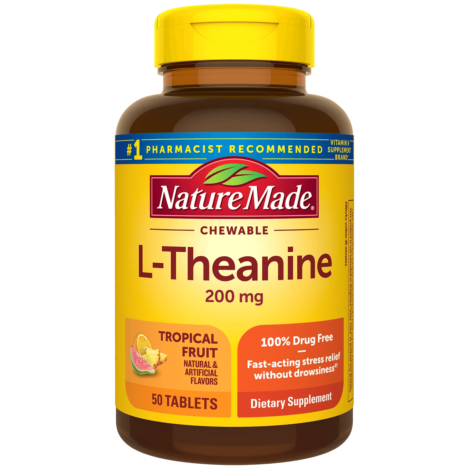 Nature Made Chewable L Theanine 200mg, L-Theanine Supplement for Stress Relief, 50 Chewable Tablets, 50 Day Supply