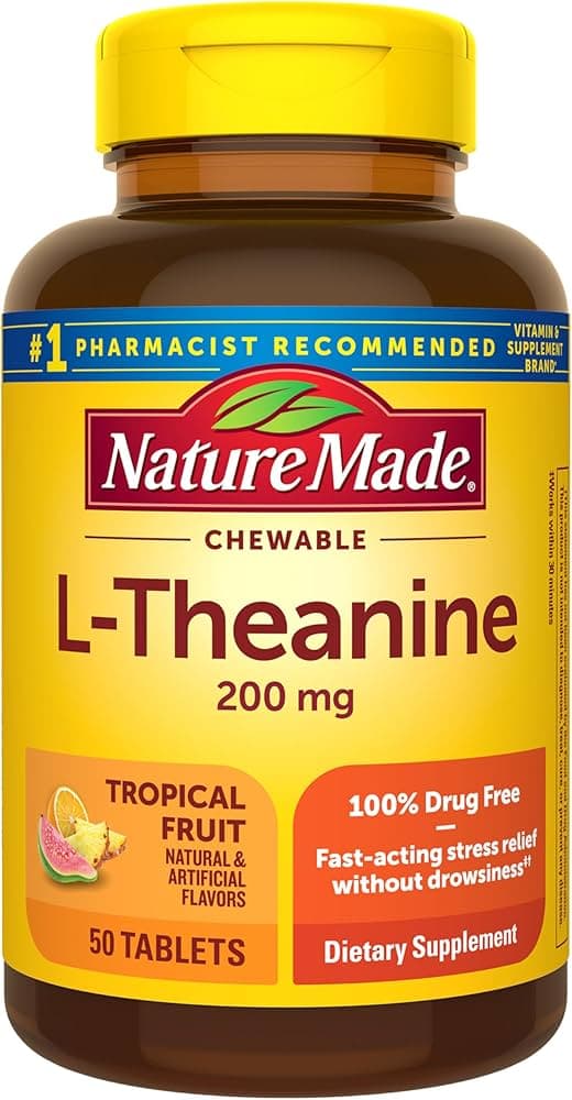 Nature Made Chewable L Theanine 200mg, L-Theanine Supplement for Stress Relief, 50 Chewable Tablets, 50 Day Supply
